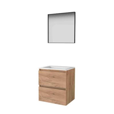 Basic-Line Framed 46 Badkamermeubelset - 60 x 46 cm - Greeploos - 2 Lades - Acryl Wastafel - Zonder Kraangat - Spiegel met Zwart Aluminium Frame - Whisky Oak
