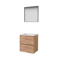 Basic-Line Framed 46 Badkamermeubelset - 60 x 46 cm - Greeploos - 2 Lades - Acryl Wastafel - Zonder Kraangat - Spiegel met Zwart Aluminium Frame - Whisky Oak