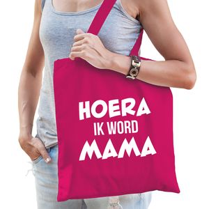 Hoera ik word mama cadeau katoenen tas fuchsia roze voor dames - Cadeau aanstaande mama