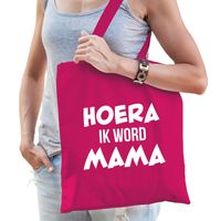 Hoera ik word mama cadeau katoenen tas fuchsia roze voor dames - Cadeau aanstaande mama - thumbnail