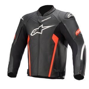 ALPINESTARS Faster V2 Jacket, Leren motorjas, Zwart-Rood Fluo