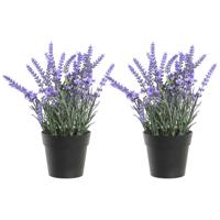 Items Kunstplant/bloem Lavendel - 2x - in bloempot - paarse bloemen - 15 x 27 cm