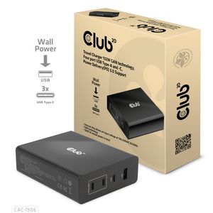 club3D CAC-1906 Laptop netvoeding 132 W Binnen Aantal uitgangen: 3 x, 1 x USB-C, USB-A GaN, USB Power Delivery (USB-PD)