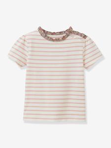 T-shirt met Bretonse strepen voor meisjes, Liberty® stof, biologisch katoen CYRILLUS, korte mouwen rozen