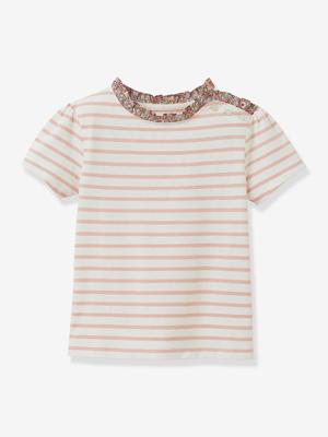 T-shirt met Bretonse strepen voor meisjes, Liberty® stof, biologisch katoen CYRILLUS, korte mouwen rozen