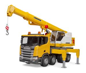 bruder Scania Super 560R vrachtwagen met Liebherr hijskraan en licht en geluid modelvoertuig