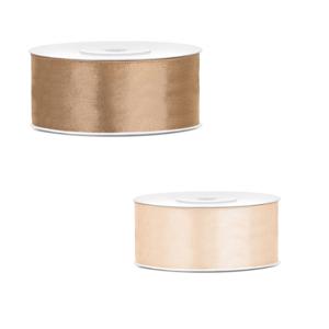 Bellatio decorations 2x rollen satijn cadeaulint/sierlint - 2.5 cm x 25 meter - creme wit en goud