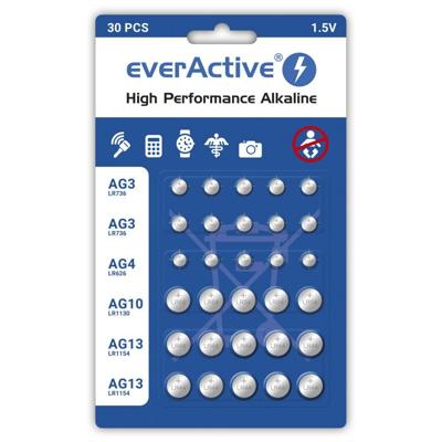 Set van 30 stuks everActive mini alkaline batterijen 10 x G3 / LR41, 5 x G4 / LR626, 5 x G10 / LR1130, 10 x G13 / LR1154