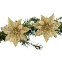 2x stuks kerstboom bloemen kerstster goud glitter op clip 15 cm - Kersthangers - thumbnail