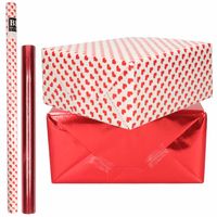 6x Rollen kraft inpakpapier liefde/rode hartjes pakket - rood metallic 200 x 70/50 cm - Cadeaupapier