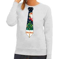 Bellatio Decorations Foute kersttrui - sweater - met stropdas kerst print - grijs - voor dames