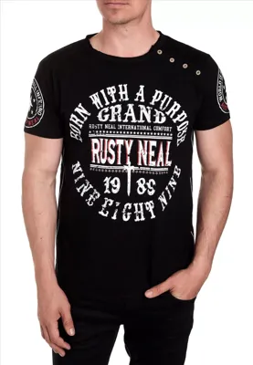 RustyNeal - Heren T-shirt - Zwart - Knopen