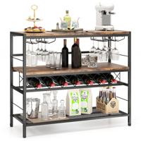 Huisbar Kast met 4 Rijen Glashouder en Wijnrek voor 7 Wijnflessen Keukenrek 4 Niveaus Metalen Frame voor Keuken Woonkamer Bruin
