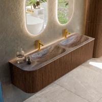 Badmeubel Mondiaz Kurve-Dlux | 165 cm | Meubelkleur Walnut | Wastafelkleur Oza | Solid surface | Dubbel / Rechts spoelbak | 2 kraangaten