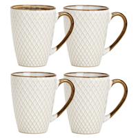Koffiemokken Marbella - 4x stuks - Keramiek - wit/goud - 300 ml - 8 x 11 cm