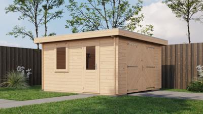 Lugarde Select Blokhut Groenlo met garagedeur 400x400cm - Onbehandeld- Plat dak- - Lugarde Select