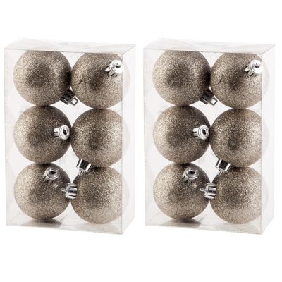 12x stuks kunststof glitter kerstballen champagne 6 cm