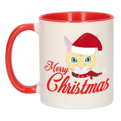 Merry Christmas kerstcadeau kerstmok rood met ginger kat 300 ml