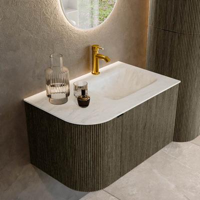 Badmeubel Mondiaz Kurve-Dlux | 75 cm cm | Meubelkleur Shadow | Wastafelkleur Opalo | Solid surface | Wasbak rechter zijde spoelbak | 1 kraangat