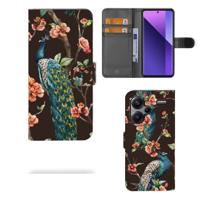 Xiaomi Redmi Note 13 Pro Plus Telefoonhoesje met Pasjes Pauw met Bloemen - thumbnail