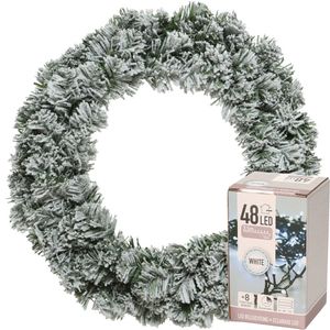 Kerstkrans groen met sneeuw 35 cm incl. verlichting helder wit 4m