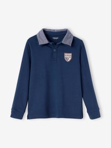 Jongens poloshirt met badge en chambray kraag donkerblauw indigo