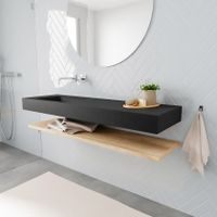 Mondiaz Alan badmeubel 150 cm planchet washed oak vrijhangend wastafel links zonder kraangat zwart