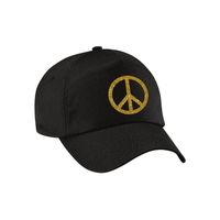 Goud glitter peace teken verkleed pet/cap zwart volwassenen - thumbnail