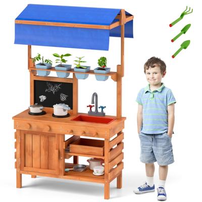 Modderkeuken Houten Rollenspelkeuken met in Hoogte Verstelbare Luifel Krijtbord Plantenbakken Kookplaten Gootsteen Oven Buitenkeuken