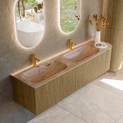 Badmeubel Mondiaz Kurve-Dlux | 175 cm | Meubelkleur Dusk | Wastafelkleur Arena | Solid surface | Dubbel / Links spoelbak | 2 kraangaten