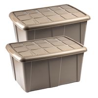 Opslagbox kist van 60 liter met deksel - 2x - Beige - kunststof - 63 x 46 x 32 cm