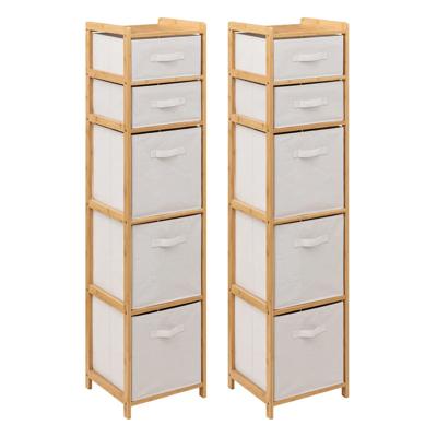 Opbergkast met 5 polyester manden - 2x - 5 lagen - bamboe - beige - 35 x 33 x 144 cm