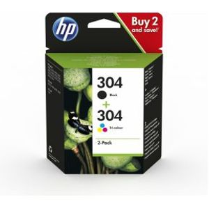 HP 304 originele zwarte/drie-kleuren inktcartridges, 2-pack