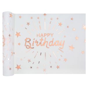 Tafelloper op rol - Happy birthday tekst - wit/rose goud - 30 x 500 cm - polyester