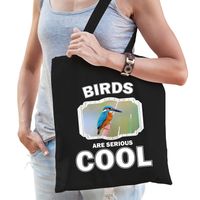 Katoenen tasje birds are serious cool zwart - vogels/ ijsvogel cadeau tas   -