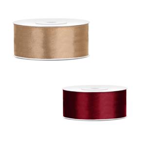 Bellatio decorations 2x rollen satijn cadeaulint/sierlint - 2.5 cm x 25 meter - bordeaux rood en gou