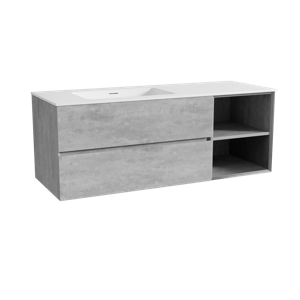 Storke Edge zwevend badmeubel 140 x 52 cm beton donkergrijs met Mata asymmetrisch linkse wastafel in solid surface mat wit