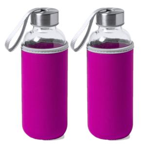 Waterfles/drinkfles Bidon - 4x - met softshell bescherm hoes - roze - glas - 420 ml - Sportfles