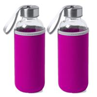 Waterfles/drinkfles Bidon - 4x - met softshell bescherm hoes - roze - glas - 420 ml - Sportfles