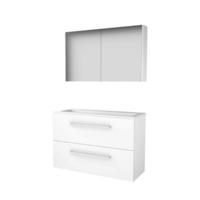 Basic-Line Comfort 39 Badkamermeubelset - Ondiep - 100 x 39 cm - Met Grepen - 2 Lades - Acryl Wastafel - 2 Kraangaten - Spiegelkast - Ice White