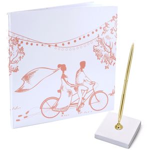 Gastenboek/receptieboek met luxe pen in houder - Bruiloft - goud/roze - 24 x 24 cm