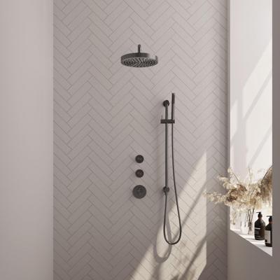 BRAUER Stripe Thermostatische Inbouw Regendouche - SET 08 - 25cm douchekop - gebogen muurarm - staaf handdouche - doucheslang - geïntegreerde glijstang - gunmetal geborsteld PVD 5-GM-379