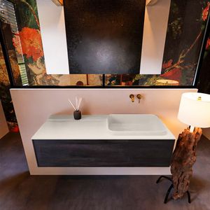 Badkamermeubelset Mondiaz Erin 120 cm met 1 Lade met RIDGE Wastafel Rechts Linen Zonder Kraangaten Greeploos Mat Dark Brown