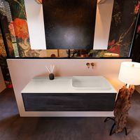 Badkamermeubelset Mondiaz Erin 120 cm met 1 Lade met RIDGE Wastafel Rechts Linen Zonder Kraangaten Greeploos Mat Dark Brown