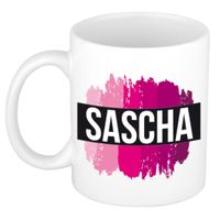 Naam cadeau mok / beker Sascha  met roze verfstrepen 300 ml   -