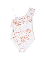 Chloé Kids maillot de bain asymétrrique imprimé à volants - Blanc