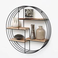 Zwart metalen wandrek met 4 houten plankjes - Rond - 50x11 cm - thumbnail