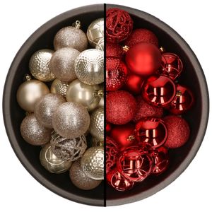 74x stuks kunststof kerstballen mix van champagne en rood 6 cm