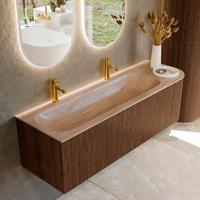 Badmeubel Mondiaz Kurve-Dlux | 145 cm | Meubelkleur Walnut | Wastafelkleur Saba | Solid surface | Wasbak linker zijde spoelbak | 2 kraangaten