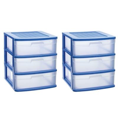 Plasticforte Ladeblok - 2x stuks - 3 lades - bureau organizer - blauw/transparant - L40xB39xH49.5 cm